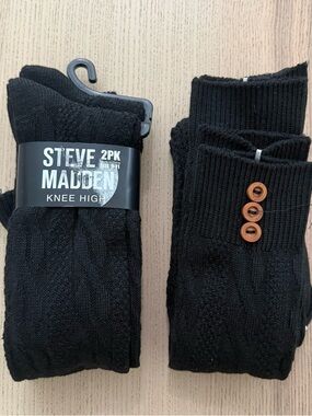 Steve Madden Black Cable Knit Knee-High Socks with Button Detail (2-Pack)